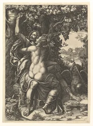 Angelica a Medoro, objímající se pár, Medoro vyřezával jejich jména do kůry..., ca. 1570.