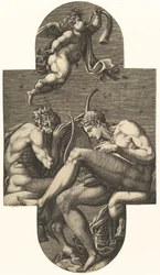 Apollo, Pan a putto troubí na roh, ze série osmi skladeb po Francii..., 60. léta 16. století.