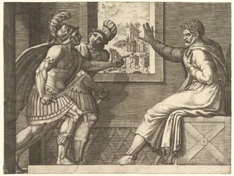 Caius Marius ve vězení, dva cimbrijští vojáci vstupující do jeho cely, 1560-69.