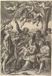 Odpočívej na útěku do Egypta, Svatá rodina pod palmou obklopená anděly, dej..., 1578.