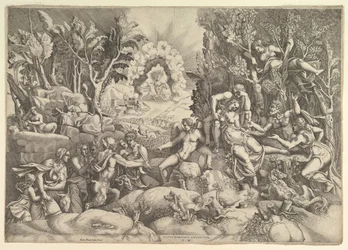 Smrt Prokrise, Cephalus truchlící nad smrtí Prokrise napravo obklopen..., ca. 1540.