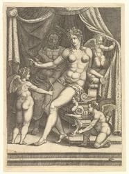 Venuše a Vulkán sedící na posteli a tři putti, polovina 50. let 16. století.