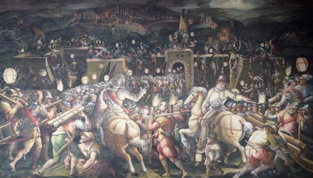Itálie, Florencie, Palazzo Vecchio (Starý palác), Salone dei Cinquecento, Převzetí pevnosti poblíž Port Camollia v Sieně