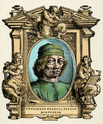 Portrét Francesca FRANCIA (1450-1517) italského malíře. Rytina traktátu „“Životy nejznamenitějších malířů, sochařů a architektů“ (Le Vite de