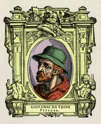 Portrét Giovanni da Udine (Giovanni Nanni) (1487-1564). Italský malíř a architekt. Rytina lahůdky "" Životy nejznamenitějších malířů, sochařů a architektů "" (Životy nejznamenitějších malířů, sochařů a architektů) od Giorgia