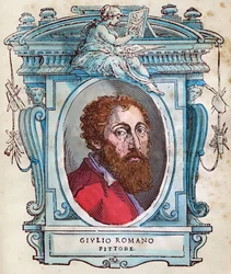 Portrét Julese Romaina (Giulio di Pietro di Filippo od Gianuzziho, zvaný Giulio Pippi, poté Giulio Romano) (1499-1546) Xylografie z „Životů“ od Giorgia Vasariho 1568