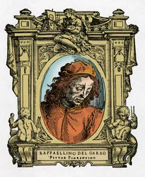 Portrét RAFFAELLINA DEL GARBO (Raffaellino de Carli) (1466-1525) italský malíř. Rytina lahůdky „"Životy nejznamenitějších malířů, sochařů a architektů" (Životy nejznamenitějších malířů, sochařů a architektů) od Giorgia Vasara