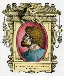 Portrét Vittore Carpaccia (1460-1526) benátského malíře. Rytina lahůdky "" Životy nejznamenitějších malířů, sochařů a architektů "" (Životy nejznamenitějších malířů, sochařů a architektů) od Giorgia Vasariho