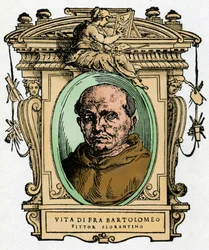 Portrét florentského malíře Fra Bartolomea (1473-1517) .. Rytina lahůdky "" Životy nejznamenitějších malířů, sochařů a architektů "" (Životy nejznamenitějších malířů, sochařů a architektů) od Giorgia Vasariho