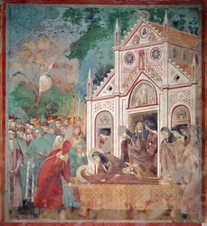 Pohřební průvod svatého Františka z Assisi je zastaven před svatým Damienem, aby svatá Claire mohla uctívat tělo - Fresco