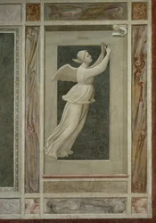 Naděje, okřídlená ženská postava letící k andělu, který ji povede do nebe, Giotto (1267-1337), detail z cyklu fresek Neřesti a ctnosti