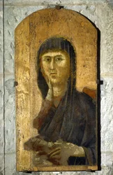 Madonna. Portrét Panny Marie na zlatém pozadí. Obraz od Giotta di Bondone (1267 -1337), kolem roku 1290. Tempera na dřevě. Velikost: 81,5 x 41 cm. Borgo San Lorenzo, Pieve.
1610