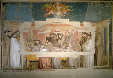 Pohřeb svatého Františka z Assisi. Ověření stigmatu. Obraz Giotto di Bondone (1267? 1337)
