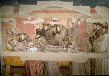 Pohřeb svatého Františka z Assisi, detail. Ověření stigmatu. Obraz Giotto di Bondone (1267? 1337)