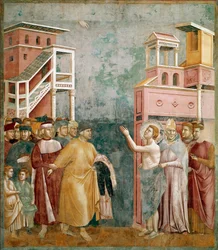 Zřeknutí se majetku. Svatý František vrací šaty svému otci. Obraz Giotta di Bondone (1267-1337)
