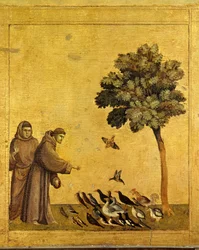 Svatý František z Assisi káže ptákům. Detail predely svatého Františka z Assisi přijímajícího stigmata. Obraz Giotta di Bondone
