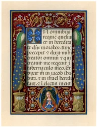 Textová stránka s Pannou Marií a dvěma pávy, kolem 1490.