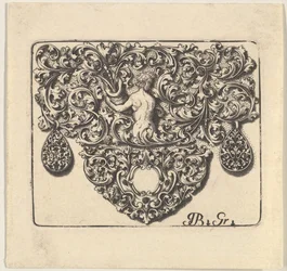 Zlatnický ornament s mladým mužem držícím roh hojnosti, 1709.