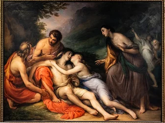 Aminta ožívá v náručí Silvie, kolem 1832-33 (olej na plátně)