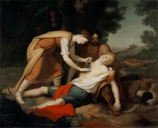 Erminia a Vafrino objeví zraněného Tancreda (píseň 19 z Jeruzaléma doručil Torquato Tasso) (obraz