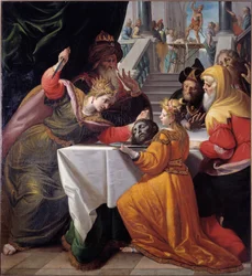 Salome s hlavou sv. Jana Křtitele na stříbrném talíři Obraz Giovanni Andrea Ansaldo (1584-1638) 1630 přibližně Genes, Musei di Strada Nuova (ex Palazzo Bianco)