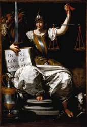 Alegorie Spravedlnosti jako ženy držící meč a váhy. Obraz Giovanniho Andrey de Ferrari (kolem 1598-1669), 17. století, Janov, Galleria di Palazzo Bianco