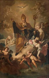 Jižní transept, oltář San Benedetto, svatý Benedikt v Glorii při žehnání městu, oltářní obraz od Giovanni Angela Borroniho, San Benedetto in Gloria při žehnání městu 1744