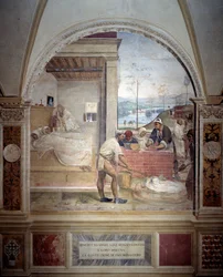 Benedikt se zjevuje dvěma mnichům a představuje jim projekt klášterní fresky ambitu od Antonia Bazzi dit il Sodoma (1477 - 1549) vyprávějící o životě svatého Benedikta z Nursie (480 - 567), zakladatele řádu benediktinů 1503 - 1508 Ab