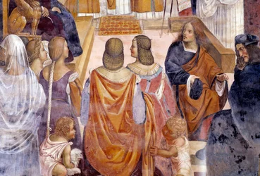 Benedikt exkomunikoval dvě jeptišky a po jejich smrti je zprostil rozhřešení Detail Klášterní freska od Antonia Bazzi dit il Sodoma (1477 - 1549) vyprávějící o životě svatého Benedikta z Nursie (480 - 567), zakladatele řádu benediktinů 1503 - 1508 Abbey of