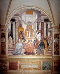 Benedikt exkomunikoval dvě jeptišky a po jejich smrti je zprostil rozhřešení freska kláštera od Antonia Bazzi dit il Sodoma (1477 - 1549) vyprávějící o životě svatého Benedikta z Nursie (480 - 567), zakladatele řádu benediktinů 15083 - 1508