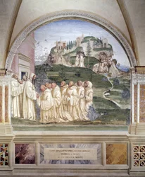 Benedikt zažehl zdroj na vrcholu hory Freska kláštera od Antonia Bazzi dit il Sodoma (1477 - 1549) vyprávějící o životě svatého Benedikta z Nursie (480 - 567), zakladatele řádu benediktinů 1503 - 1508 opatství Monte Oliveto