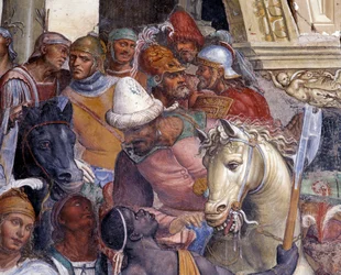 Jak se Benedikt setkává se dvěma mladými Římany, Maurem a Placidem. Detail fresky v ambitu od Antonia Bazziho, zvaného Il Sodoma (1477-1549), vyprávějící život svatého Benedikta z Nursie (480-567)