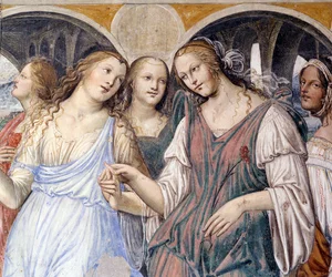 Florent posílal do kláštera prostitutky (Florenzo posílá kurtizány do kláštera sv. Benedikta) Detailní freska ambitu realizovaná Antoniem Bazzi dit il Sodoma (1477 - 1549) vyprávějící o životě svatého Benedikta (480 - 567), zakladatele řádu