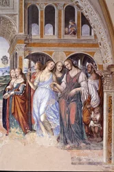 Florent posílal do kláštera prostitutky (Florenzo posílá kurtizány do kláštera sv. Benedikta) Detailní freska ambitu realizovaná Antoniem Bazzi dit il Sodoma (1477 - 1549) vyprávějící o životě svatého Benedikta (480 - 567), zakladatele řádu