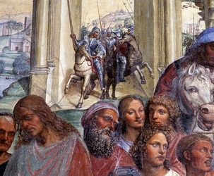 Jak Benedikt potkává mladé Římany Maura a Placida. Detail doprovodu mladých mužů opouštějících Řím - freska v klášteře od Antonia Bazziho, zvaného Il Sodoma (1477-1549), vyprávějící život svatého Benedikta