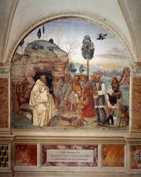 Jak Benedikt učí svatou nauku rolníkům, kteří ho navštěvují (sv. Benedikt učí svatou nauku rolníkům, kteří ho navštěvují) Freska kláštera od Antonia Bazzi dit il Sodoma (1477 - 1549) líčící život svatého Benedikta z Nurs