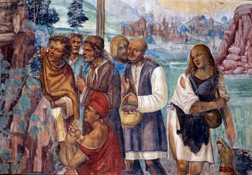 Jak Benedikt učí svaté nauce rolníky, kteří ho navštěvují Detailní freska kláštera realizovaná Antoniem Bazzi dit il Sodoma (1477 - 1549) vyprávějící o životě svatého Benedikta z Nursie (480 - 567), zakladatele řádu benediktinů 1503 -