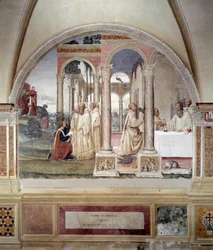 Jak se Florent snaží otrávit Benoita (Jak se Fiorenzo snaží otrávit svatého Benedikta) - Nástěnná freska od Antonia Bazzi dit il Sodoma (1477 - 1549) líčící život svatého Benedikta (480 - 567), zakladatele benediktinského řádu 1503 - 1508 Abbey z Monte Oli