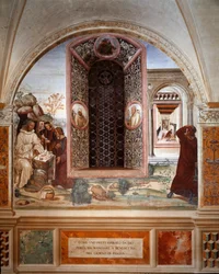Jak kněz přinášel jídlo Benediktovi o Velikonocích - Freska kláštera od Antonia Bazzi dit il Sodoma (1477 - 1549) vyprávějící o životě svatého Benedikta z Nursie (480 - 567), zakladatele řádu Benediktinů 1503 - 1508 Opatství Monte Oliveto Ma