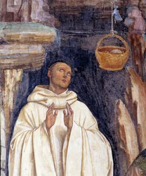 Jak démon rozbil zvon Benoitova košíku (Ďábel rozbil zvon košíku sv. Benedikta z Nursie) - Detail - Nástěnná freska od Antonia Bazzi dit il Sodoma (1477-1549) vyprávějící o životě svatého Benedikta z Nursie (480 - 567) zakladatel O