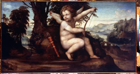 Krajina s Cupidem (Krajina s Cupidem) - Obraz Giovanni Antonia Bazziho, známý jako Le Sodoma (1477-1549) - Olej na plátně, 68 x 129 cm, kolem roku 1510 - Škola v Sieně, Italská renesance - Muzeum Ermitáž, Petrohrad