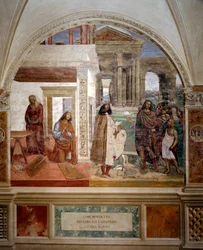 Svatý Benedikt opravuje rozbité síto Uprostřed obrazu autoportrét umělce - Freska klausu realizovaná Antoniem Bazzi dit il Sodoma (1477 - 1549) vyprávějící o životě zakladatele svatého Benedikta z Nursie (480 - 567). řádu z