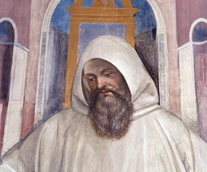 Svatý Benedikt předává vládu mnichům olivetani Detailní freska ambitu od Antonia Bazzi dit il Sodoma (1477 - 1549) vyprávějící o životě svatého Benedikta z Nursie (480 - 567), zakladatele řádu Benediktinů 1503 - 1508 opatství Monte O