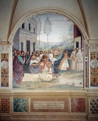 Svatý Benedikt nese Kristovo tělo na těle mnicha, kterého Země odmítá pohřbít freska ambitu od Antonia Bazzi dit il Sodoma (1477 - 1549) vyprávějící o životě svatého Benedikta z Nursie (480 - 567), zakladatele řád Benedi