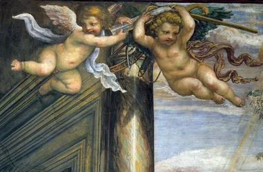Sala delle Nozze di Alessandro e Rossana Sál sňatku Alexandra Velikého 356-323 př. n. l. a Roxany detail dvou létajících putti, cca 1513 freska detail 107224