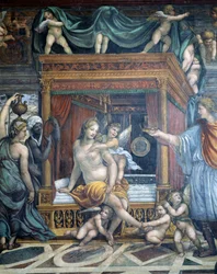 Sala delle Nozze di Alessandro e Rossana Sál sňatku Alexandra Velikého 356-323 př. n. l. a Roxany detail Roxany v ložnici, které Alexandr předává korunu, cca 1513 fr.