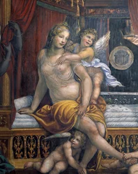 Sala delle Nozze di Alessandro e Rossana Sál sňatku Alexandra Velikého 356-323 př. n. l. a Roxany detail Roxany sedící na lůžku, cca 1513 freska detail 107228