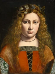 Portrét mladé dívky korunované květinami, kolem roku 1490