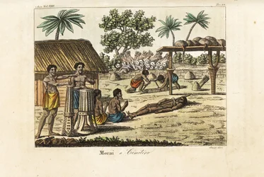 Lidská oběť na posvátném marae (Morai) nebo hřbitově, Tahiti. Bubeníci vlevo, oběť svázaná prasaty a dva hrobaři kopající hrob před hromadou lidských lebek a toulců šípů. Ručně kolorovaná mědirytina rytá Sasso podle Johna Webbera z