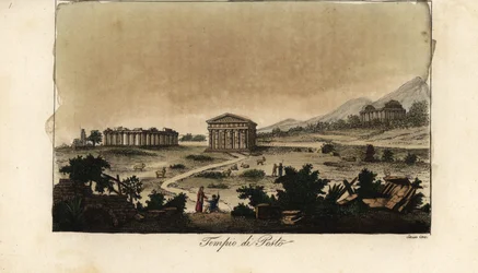 Pohled na starověké řecké chrámy Hera v Paestum, Itálie